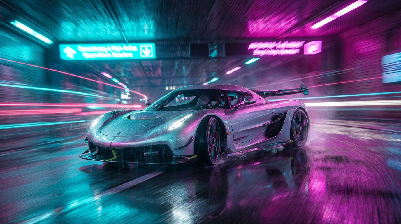 AI generated video: Sports car drifting through neon tunnel at high speed