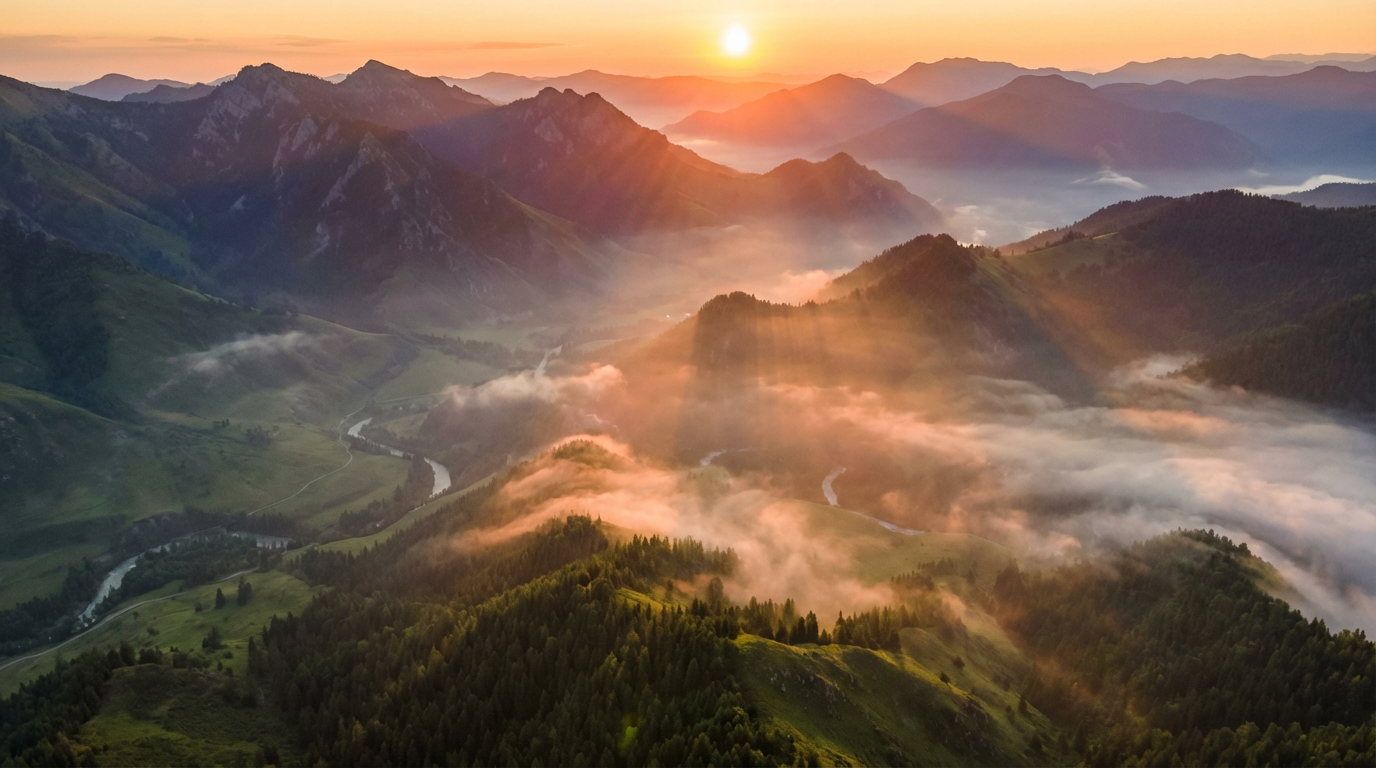 AI generated video: A drone shot of misty mountains at sunrise, golden hour lighting