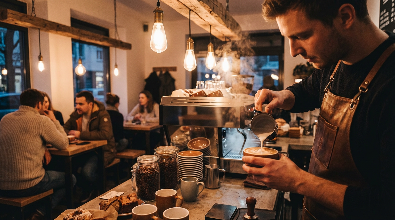 AI generated video: Cozy coffee shop with barista crafting latte art, warm lighting