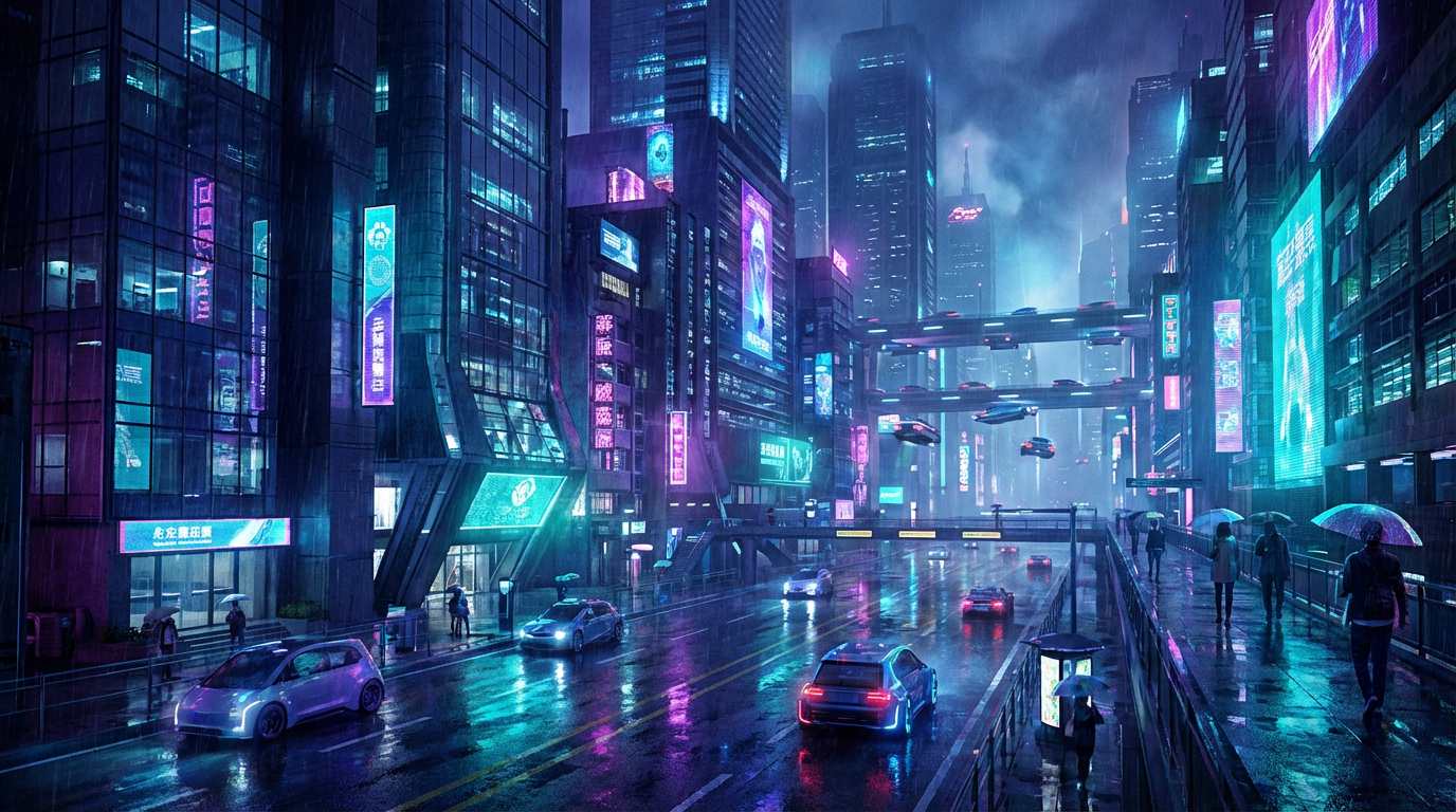 AI generated video: Cyberpunk city at night with neon lights and rain-soaked streets